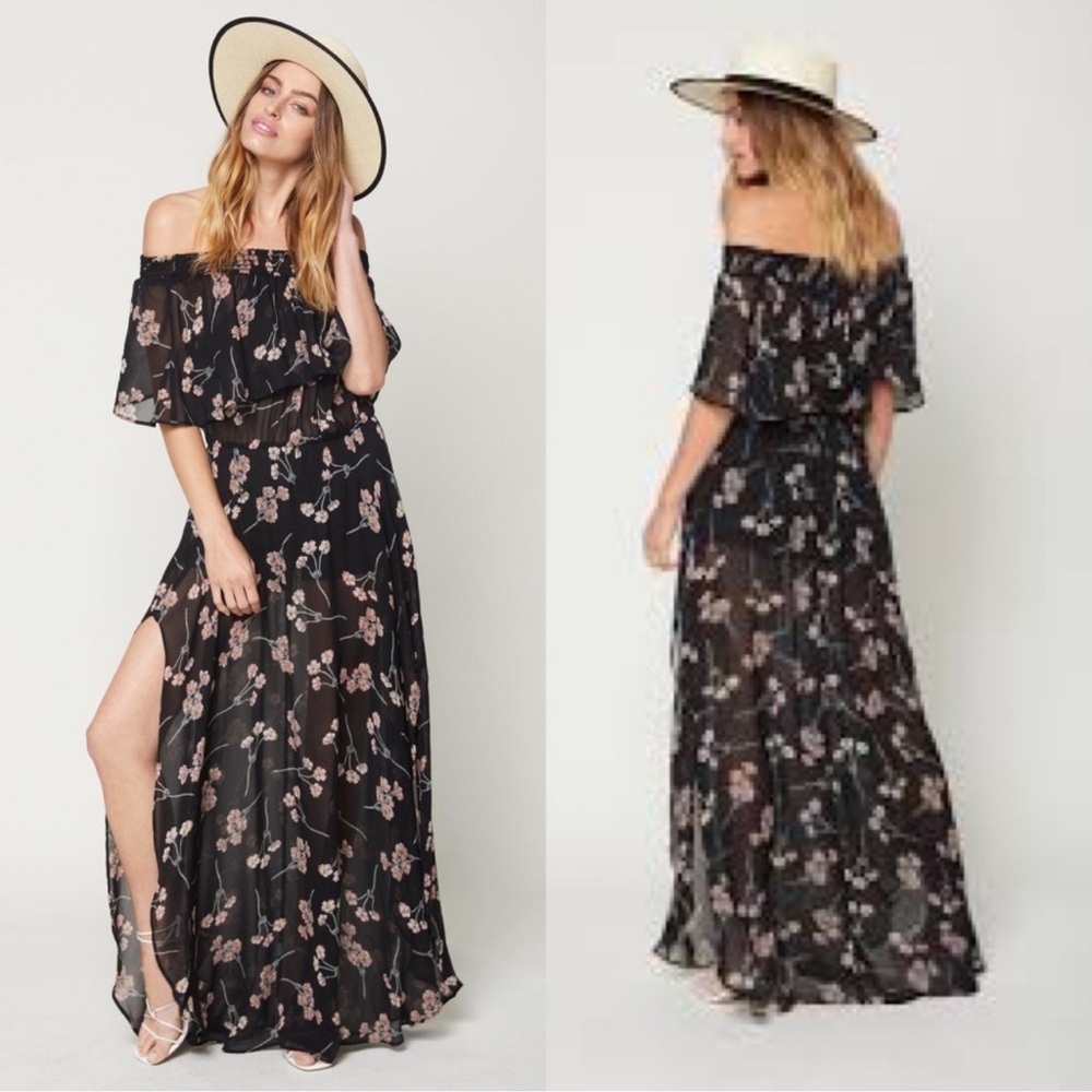 FLYNN SKYE Miranda Floral Maxi Dress Sz Large Black Cherry Blossom Chiffon Boho